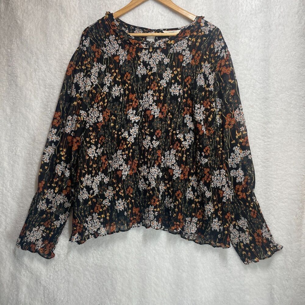 Terra & Sky Plus SZ 4X Floral Boho Blouse Black Smocked Sleeves Lightweight Top